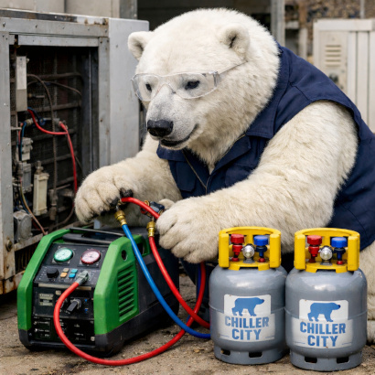 Technician performing refrigerant recovery using a recovery machine and reusable reclamation cylinder.